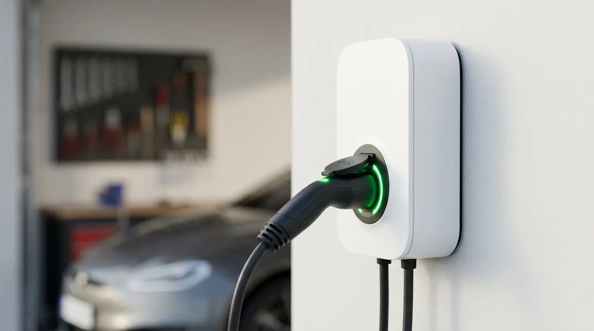 Gros plan sur une wallbox murale et son connecteur Type 2
